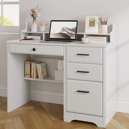 4 EVER WINNER White Desk with Drawers, Small Desk with File Drawer for Small Spaces, Writing Desk with Monitor Stand Wood Table for Study Home Office, White - color: White
