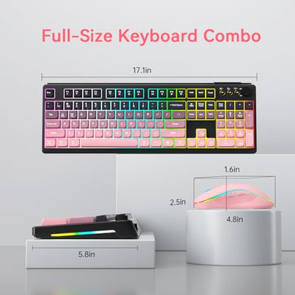 Wireless Keyboard and Mouse Combo, RGB Backlit Rechargeable 2000 mAh Battery, Wireless Computer Keyboards, Tri-Mode Bluetooth/2.4GHz/USB-C Custom Creamy Keyboard, RGB Backlit Media Knob (White-Pink) - color: Gradient pink