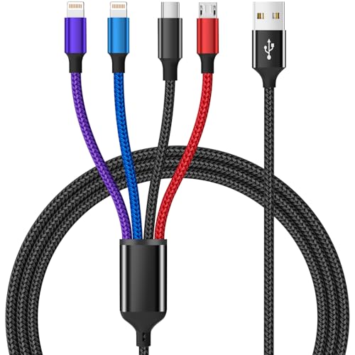 Dual IP 4 in 1 Multi Charging Cable, 1 Pack 5FT USB Charging Cord | IP/IP, USB C & Micro Ports, Nylon Braided Phone Charger Cable for Multiple Devices, Car & Travel Essentials - color: Purple_Blue_Black_Red, size: 1Pack 5FT