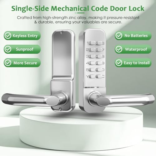 High-Security 12 Digit Keypad Mechanical Door Lock - Keyless Entry, Code Combination Lock with Handle, Waterproof & Rustproof, No Battery, Easy to Install, BH-MDLS0020102 - color: Satin Chrome - Round