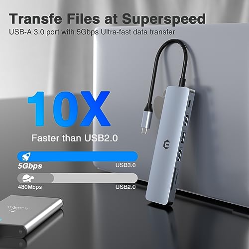 USB C Hub Multiport Adapter, 7 in 1 USB C Docking Station with 4K HDMI, 100W PD Charging Port, 3 USB 3.0, SD/TF Card Reader