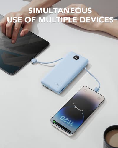 VRURC Portable Charger, Power Bank Built-in Cables and AC Wall Plug | USB C Power Bank 10000mAh, Travel Essentials Phone Charger Compact External Battery Pack For Smart Phones, Tablets etc-Blue - color: Blue