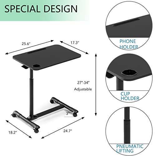 ETHU Overbed Table with Hydraulic Lift, 27.1-34.2 Inch Height Adjustable Bed Table with Lockable Casters - Wood Grain Tabletop with Cup Holder & Charging Slot, 22lbs Capacity Rolling Bedside Desk - color: Black