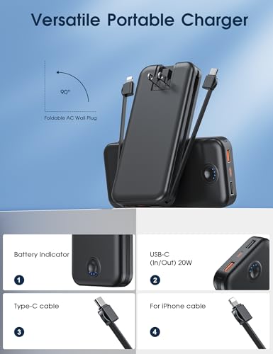 Nusyddy Portable Charger 10000mAh Fast Charging w/Built-in Wall Plug Black | PD20W Fast Charging, LED Indicator, Pass Through Charging, TSA Approved, Compact/Slim, Power Bank for iPhone/iPad/Samsung - color: Black