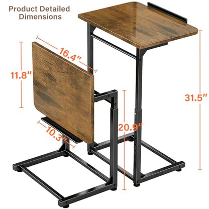 Tv Tray Table Set of 2, 8-Level Adjustable Height Couch Side Table，90° Tilt Angle Adjustments C-Shaped End Table, with Phone & Tablet Slot Sofa Computer Desk for Couch, Sofa, Bed, Chair, Living Room - color: Brown, size: 2 pcs