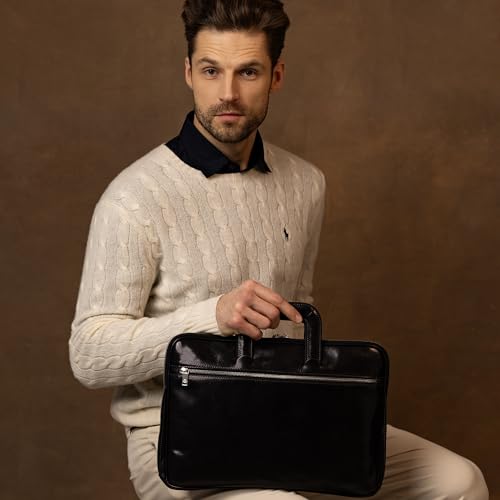 Time Resistance Slim Leather Briefcase - Italian Handmade Leather Computer Bag - Briefcase for Men and Women - Laptop Bag - color: Black