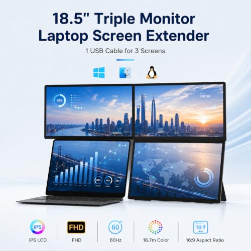 18.5'' Portable Triple Monitor, One Cable Laptop Screen Extender, FHD 1080P Quad Monitor, Built-in Stand Compatible with Windows Mac, Fits 10"-18" Laptops(Driver Need) - size: 18.5inch Triple Screen