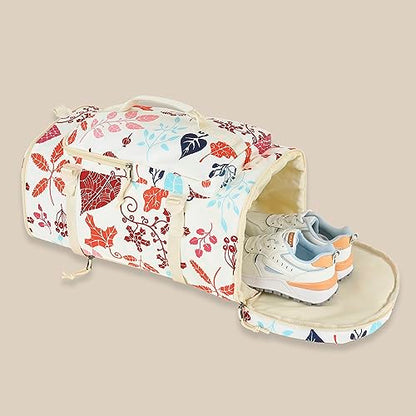 Kalesi Gym Duffle Bag Backpack 4-Way Waterproof with Shoes Compartment for travel Sport Hiking laptop - color: Floral-sea Salt White