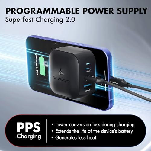 65W GaN Charger, Wozoyo 2XType-C & USB-A Superfast 2.0 Charging, Compatible for iPhone 17/16/16 Pro Max/15 Series/iPad Pro, Smartphones, Tablets and More, PD/PPS/QC 3.0,Compact Foldable Plug