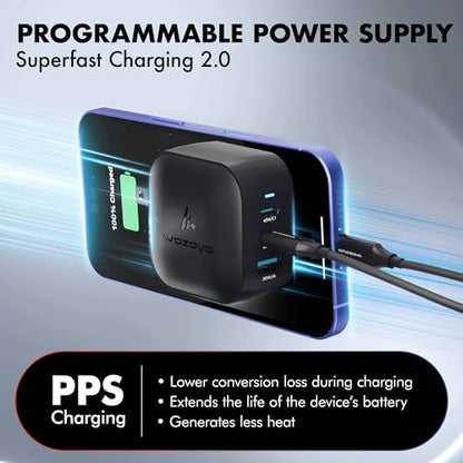 65W GaN Charger, Wozoyo 2XType-C & USB-A Superfast 2.0 Charging, Compatible for iPhone 17/16/16 Pro Max/15 Series/iPad Pro, Smartphones, Tablets and More, PD/PPS/QC 3.0,Compact Foldable Plug