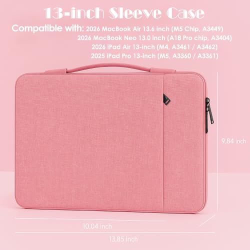 ProElife 13 Inch Laptop Sleeve for MacBook Neo, Retractable Handle, Pink | Precision Fit, Soft Inner Lining Padded, Anti-Scratch, Extra Attached Pocket, Travel Carry Laptop Bag for Home Office - color: Pink