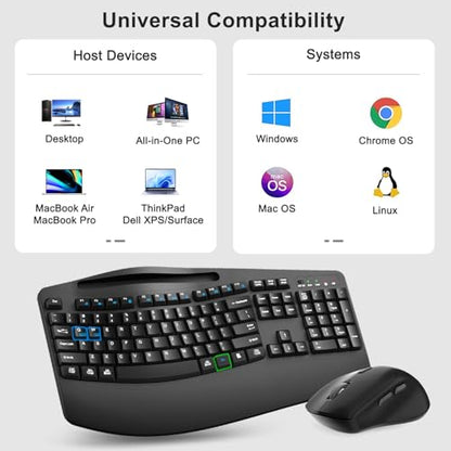Wireless Keyboard and Mouse Combo, 2.4G Full Size Wave Keys Ergonomic Keyboard with Wrist Rest, Phone Holder, 3-Level DPI Wireless Silent Mouse with 6-Buttons, for Windows, Mac OS, Laptop, PC (Black) - color: Black