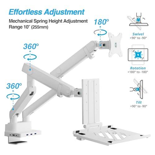 AVLT Laptop & Monitor Arm Desk Mount for 17-38" Screens, USB-C Dock - White | Supports flat/curved screens up to 22 lbs each. 12-17" laptop tray, 7-in-1 USB-C dock, HDMI 4K60, Ethernet and 100W PD - color: White