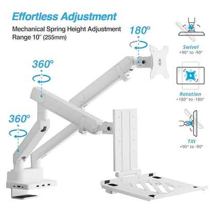AVLT Laptop & Monitor Arm Desk Mount for 17-38" Screens, USB-C Dock - White | Supports flat/curved screens up to 22 lbs each. 12-17" laptop tray, 7-in-1 USB-C dock, HDMI 4K60, Ethernet and 100W PD - color: White