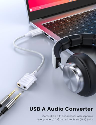MOSWAG USB to 3.5mm Audio Adapter, External Stereo Sound Card with Dual TRS 3-Pole 3.5mm Headphone and Microphone Jack Adapter for PS4/PS5/PC/Laptop, Built-in Chip Mic-Supported Headphone Adapter