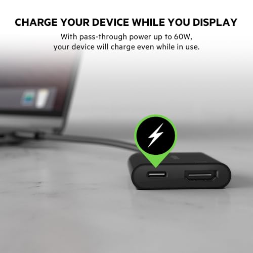 Belkin USB C to HDMI Adapter + USBC Charging Port to Charge While You Display, Supports 4K UHD Video, Passthrough Power up to 60W for Connected Devices, Compatible with MacBook, iPad, Windows - size: (Pack of 1), style: USB-C to HDMI + Charging