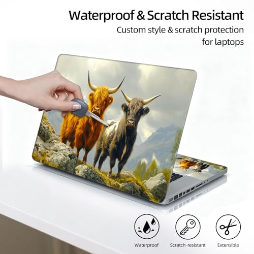 Universal Laptop Skin Sticker Decal, 12"-15.6" Aesthetic Vinyl Wrap, Highland Cows Mountain Waterproof Notebook Cover Art Protector for MacBook HP Dell Lenovo, Fits 13" 14" 15" 15.6" - color: Highland Cows Mountain