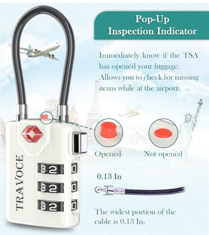 Search Alert TSA Approved Travel Combination Luggage Cable Locks for Suitcase, Gym Locker,Toolbox,Backpack 1,2,4,6 &10 pk (White 2 Pack) - color: White 2 Pack