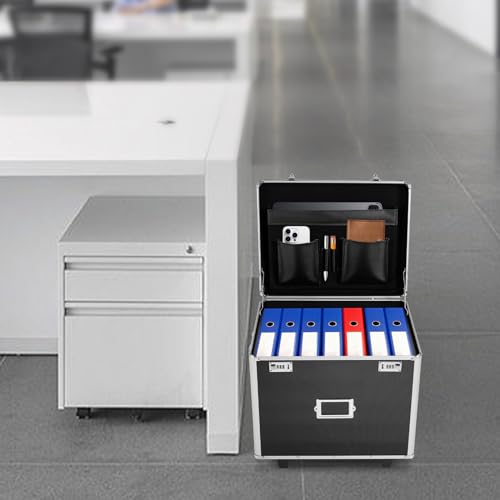 Portable Locking File Storage Box, Aluminum Alloy File Lock Box with Telescopic Handle, Mobile Busniness Case, File Cabinet for Office Home,Offices, Hospitals, Banks, 19.2x 15x 16 inches, Black