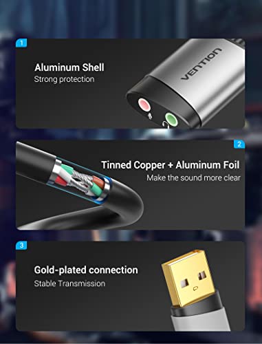 USB Audio Adapter - VENTION USB External Stereo Sound Card to 3.5mm Headphone and Microphone Jack Adapter for Windows MAC Linux PC Laptop Desktops PS5
