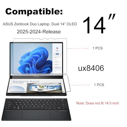 KEANBOLL 2-Pack Tempered Glass Screen Protector Designed for 2024-2025 ASUS Zenbook Duo Dual 14” 2-in-1 Laptop (UX8406), Ultra Clear, 9H Hardness (1 Sets - Primary and Secondary Screens)