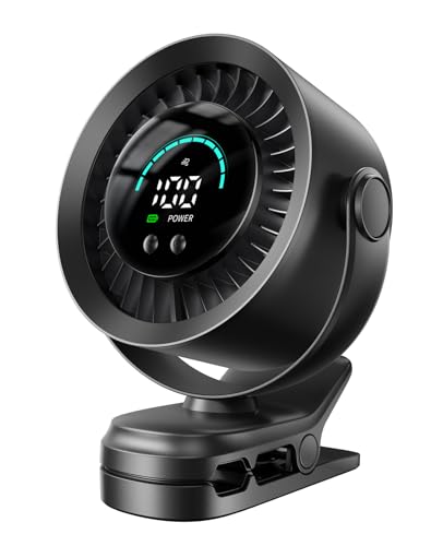 KIMMOO Portable Clip on Fan, 100-Speed Rechargeable USB Fan with LED Display, 360° Rotation & Strong Airflow Desk Fan, Up to 17 Hours Small Battery Fan for Outdoor Travel Camping Treadmill Car (Black) - color: Black