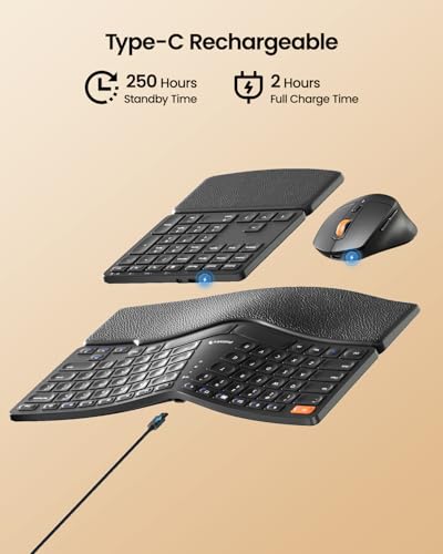 ProtoArc EKM04 2.4GHz Wireless Ergonomic Keyboard Mouse Combo - Black | Separate Numeric Keypad, USB Receiver, Split Design, Hard Wrist Rest, Rechargeable, for Windows Desktop/PC/Laptop