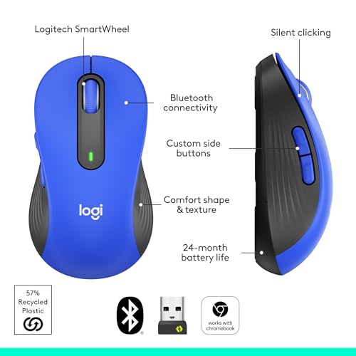 Logitech Signature M650 L Full Size Wireless Mouse - Classic Blue | Large Sized, 2-Year Battery, Customizable Side Buttons, Bluetooth, Compatible with PC, Mac, Multi-Device, Chromebook - color: Classic Blue