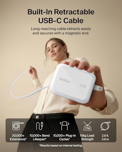 Belkin Wall GaN Charger 45W w/ 2.6ft Retractable USB C Cable & USB C Port - iPhone Charger Fast Charging for iPhone 17 & 16 Series, Galaxy S26 Series, AirPods, Tablet, MacBook, Chromebook, Travel - color: White, style: 45W
