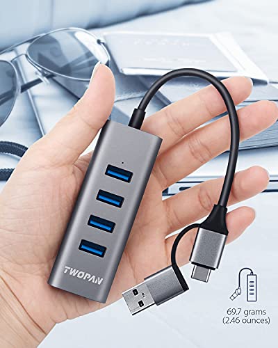 TWOPAN 4-Port USB 3.0 Hub for Laptop, Aluminum Alloy, USB-A & USB-C Plugs, 5Gbps Data Transfer, Compatible with MacBook Pro/Air, iMac, iPhone 16/15, Desktops, Tablets, Keyboard, Mouse, Mobile HDD - color: Grey AC
