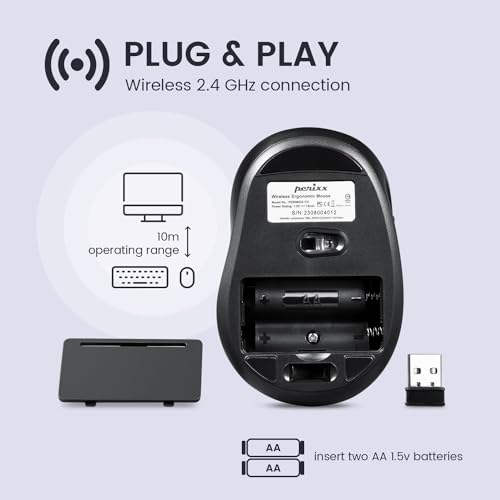 Perixx PERIMICE-721IB Wireless Ergonomic Mouse - 5 Button Optical Design - Silent Clicks - Compatible for Desktop and Laptop PC - Wireless 2.4 GHz - Iron Black