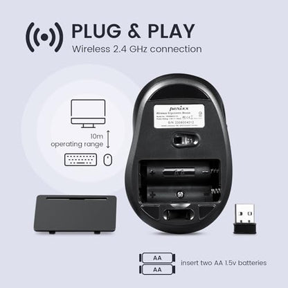 Perixx PERIMICE-721IB Wireless Ergonomic Mouse - 5 Button Optical Design - Silent Clicks - Compatible for Desktop and Laptop PC - Wireless 2.4 GHz - Iron Black