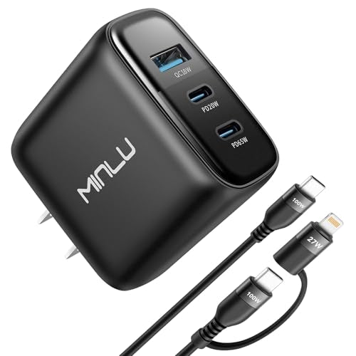 MINLU 65W USB C Charger Block,GaN 3-Port Compact Fast PPS Type C Wall Charger with 6Ft 100W 2 in 1 USB-C/L Cable,Fast Charging for MacBook Pro/Air,iPad,iPhone 17/16/15 and More Series,Galaxy S24 UItra - color: Black-1