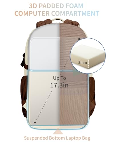 ECOHUB Travel Backpack for Women, 17.3 inch Suspended Laptop Backpack, Fashion Water-Resistant 28L Personal Item Bag with 12 Pockets for Causal, Work, Cream & Brown - color: Cream & Brown