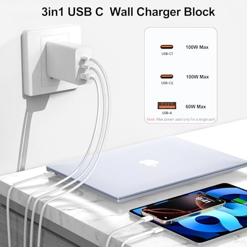 100W USB C Charger Block,2Pack 3-Port PD&AC GaN Super Fast USB C Charging Block Wall Charger Adapter Plug for MacBook Pro/MacBook Air,iPhone 17 Pro Max/17 Air/16 Plus/16E/15,iPad Pro/Air/Mini and More