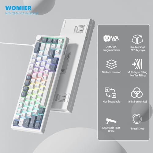 Womier 60% Gaming Keyboard Wired, Creamy Mechanical Keyboard QMK/VIA | Hot Swappable Gasket Mount RGB Key board & Translucent Keycaps POM Linear Switch for Windows/MAC (VK66 PRO White) - color: V-White Grey