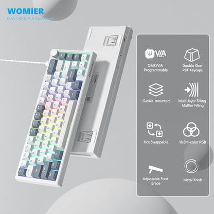 Womier 60% Gaming Keyboard Wired, Creamy Mechanical Keyboard QMK/VIA | Hot Swappable Gasket Mount RGB Key board & Translucent Keycaps POM Linear Switch for Windows/MAC (VK66 PRO White) - color: V-White Grey