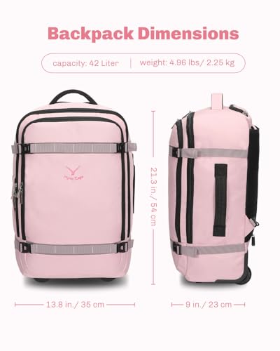 Hynes Eagle Rolling Backpack 42L Backpack with Wheels Airline Approved Carry on Luggage Laptop Travel Suitcase Bag for Women Men Light Pink - color: Light Pink