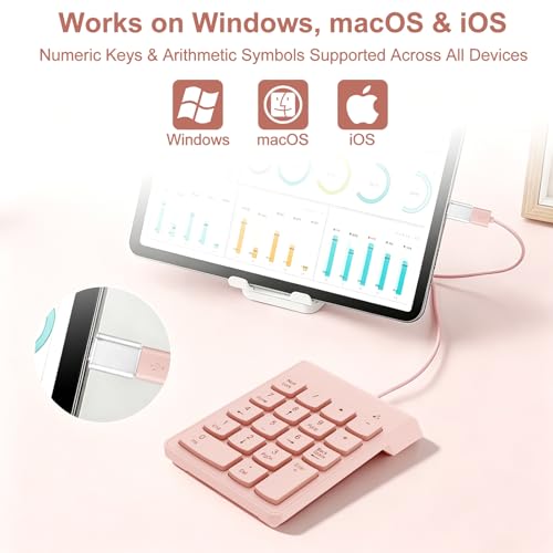 NOOX Wired Number Pad with USB to USB-C Adapter, Numeric Keypad Numpad 18 Keys Portable Financial Number Keyboard, 10 Key USB Keypad for Laptop, Desktop, Surface Pro, Notebook, MacBook - Pink