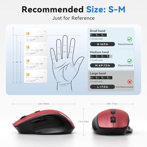 TECKNET Wireless Mouse for Laptop, (BT5.2/3.0 & 2.4G) Bluetooth Wireless Mouse, Silent Click, 5-Level Adjustable DPI, Ergonomic Portable Computer Mice for Laptop, PC, MacBook, Chromebook - color: Red