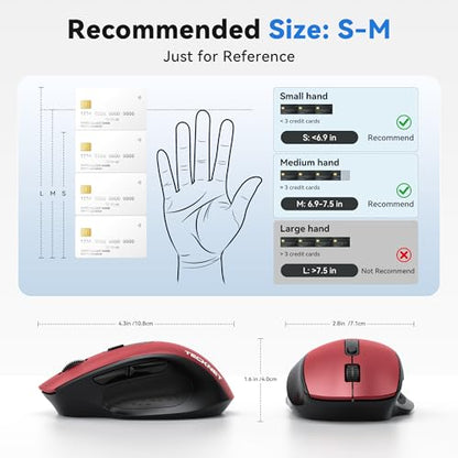TECKNET Wireless Mouse for Laptop, (BT5.2/3.0 & 2.4G) Bluetooth Wireless Mouse, Silent Click, 5-Level Adjustable DPI, Ergonomic Portable Computer Mice for Laptop, PC, MacBook, Chromebook - color: Red