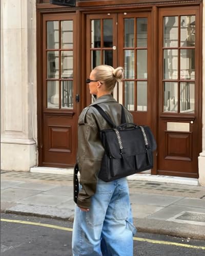 Messenger Bag for Women, 17L Leather Satchel Backpack Purse | Large Laptop Briefcase Multi Pocket Shoulder Bags, Spacious Compartments for Office, Travel, Work, Business, Daily Gift - color: Black Retro Style