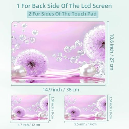 Universal Laptop Skin Decal, 3-Piece Vinyl Protector for 12 13 14 15.6" Notebook, Waterproof Anti-Scratch, Easy Trim & Bubble-Free Finish, Purple Dandelions White Pearls - color: Purple Dandelions White Pearls
