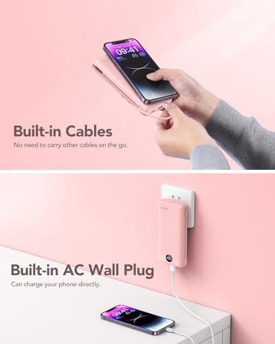 VRURC Portable Charger 20000mAh, Fast Charging Power Bank USB C,4 Output 2 Input Travel Essentials Charging Bank Equipped with LED Display,Built-in Wall Plug and Cables,Phone Charger Battery,Pink - color: Pink