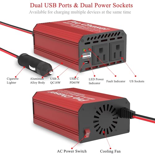 Pro Chaser 400W Power Inverters for Vehicles DC 12v to 110v AC Car Inverter | Converter USB-A, PD 65W USB-C Ports, Dual AC Adapter for Air Compressor Laptops