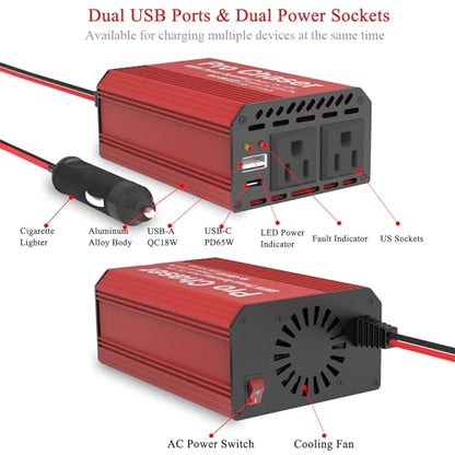 Pro Chaser 400W Power Inverters for Vehicles DC 12v to 110v AC Car Inverter | Converter USB-A, PD 65W USB-C Ports, Dual AC Adapter for Air Compressor Laptops