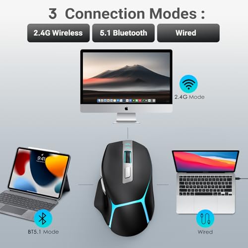 JOYACCESS Wireless Bluetooth Mouse, Rechargeable Wireless Mouse with LED, Three Mode Bluetooth, 2.4G & Wired, Silent, Wireless Ergonomic Mouse for Laptop, PC, MacBook, iPad, Tablet (Black) - color: Black