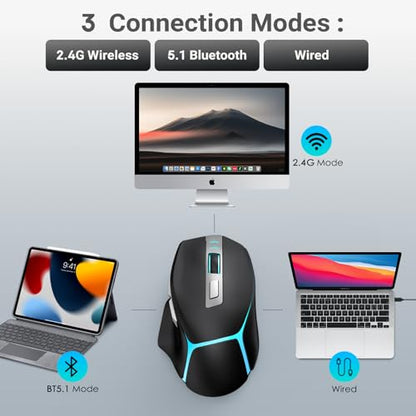 JOYACCESS Wireless Bluetooth Mouse, Rechargeable Wireless Mouse with LED, Three Mode Bluetooth, 2.4G & Wired, Silent, Wireless Ergonomic Mouse for Laptop, PC, MacBook, iPad, Tablet (Black) - color: Black