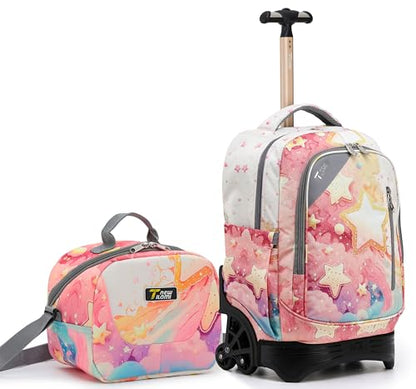 NEW TILAMI 18 Inch Rolling Backpack with Lunch Bag for Girls Boys School | 6-Wheel Stair-Climbing Girls Boys Carry-on Suitcase Water-Resistant Adjustable Trolley Handle Wheels School Travel Camping - color: Starshine