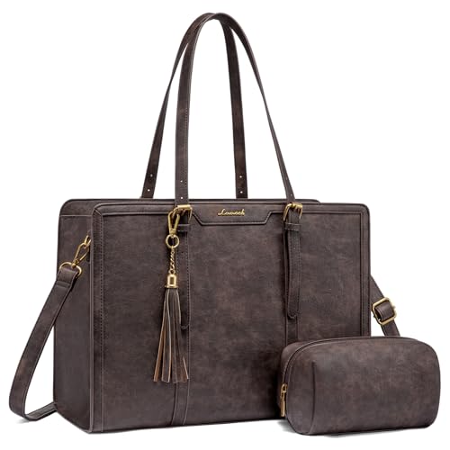 LOVEVOOK Laptop Bag for Women Vintage Leather Laptop Tote 15.6 inch Large Capacity Computer bag with Clutch Purse for Work - color: Brown Coffee, size: 15.6 inch
